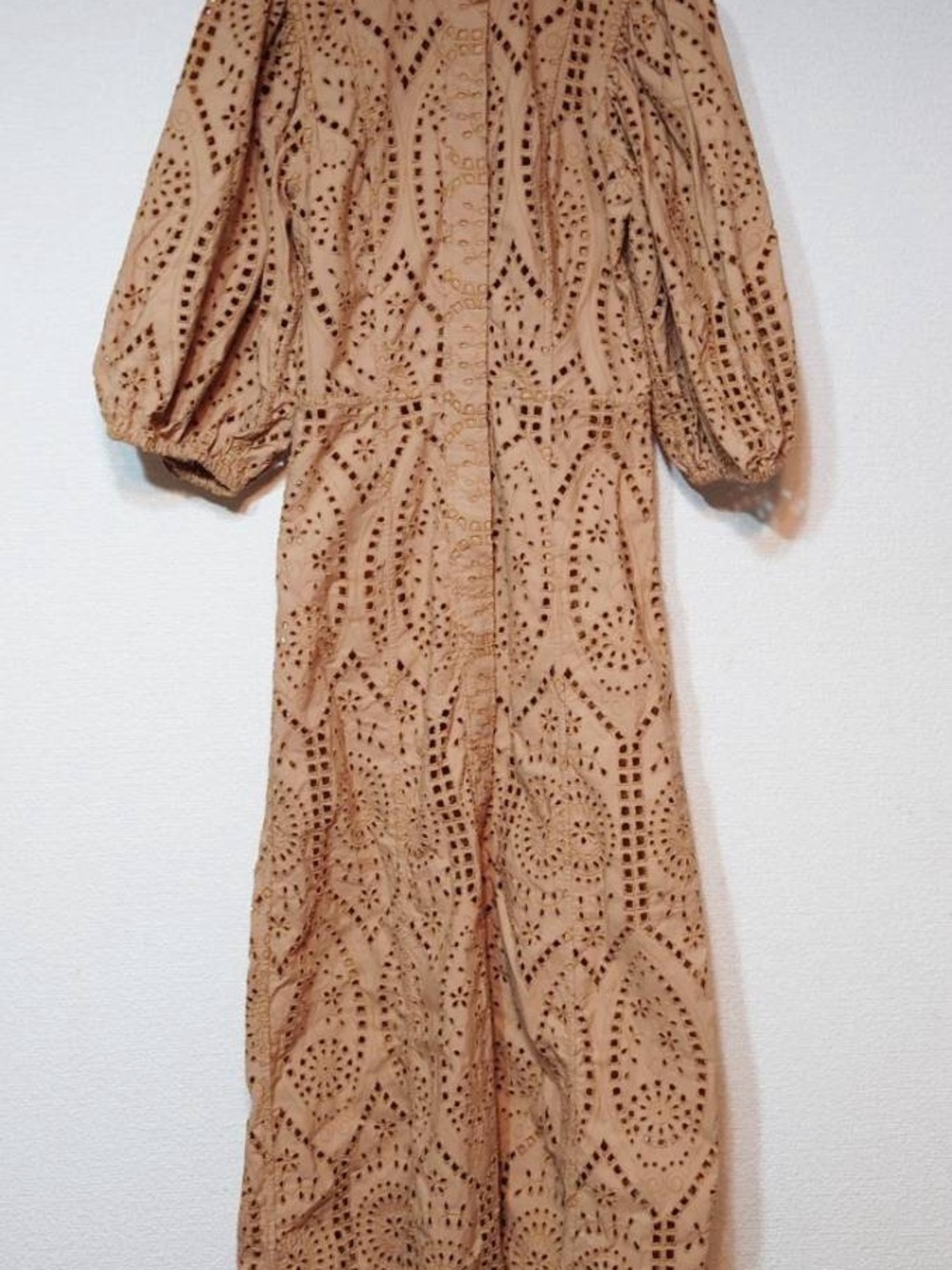 Ganni Tan Eyelet Midi Dress with Puff Sleeves - Picture 2 of 5